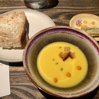 Madcap - Cold yellow corn soup (delicious!)and shrimp tempura , the shrimp was wrapped in some kind of leaf, then fried, was so good! - New American Near Me - San Anselmo, California
