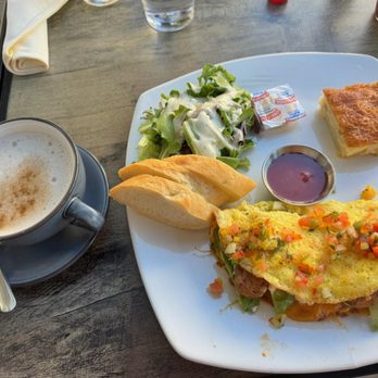 Creme De La Crepe - Madrid Omelette and lavender chai latte, both so good! - French Near Me - Hermosa Beach, California