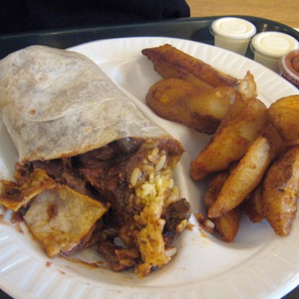 Tortilla Cafe - beef burrito with french fries and fried plantains - Mexican Near Me - Washington, DC, District of Columbia