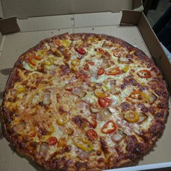 Sebastian's Noodle Factory and Pizza - Large Pizza - pepperoni, bacon, hot peppers.