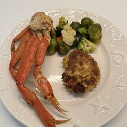 Publix Super Market - Steamed (in store) old bay seasoned crab legs and crab cakes from the seafood section. Frozen steamed veggies