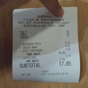 Gurkha Cafe & Restaurant - The bill - Indian Near Me - Edinburgh, EDH Gurkha Cafe & Restaurant - The bill - Indian Near Me - Edinburgh, EDH