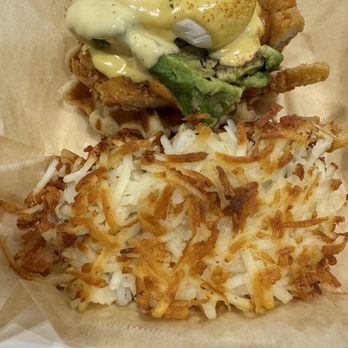 Petite Madeline Bakery & Bistro - Chicken and waffles Benedict with hashbrowns - Bakeries Near Me - Oceanside, California Petite Madeline Bakery & Bistro - Chicken and waffles Benedict with hashbrowns - Bakeries Near Me - Oceanside, California