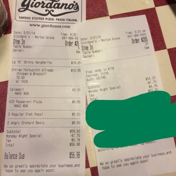 Giordano's - The receipts and it shows we were charged twice for Angry Orchards. But only received one. Worst place ever! - Pizza Near Me - Morton Grove, Illinois Giordano's - The receipts and it shows we were charged twice for Angry Orchards. But only received one. Worst place ever! - Pizza Near Me - Morton Grove, Illinois