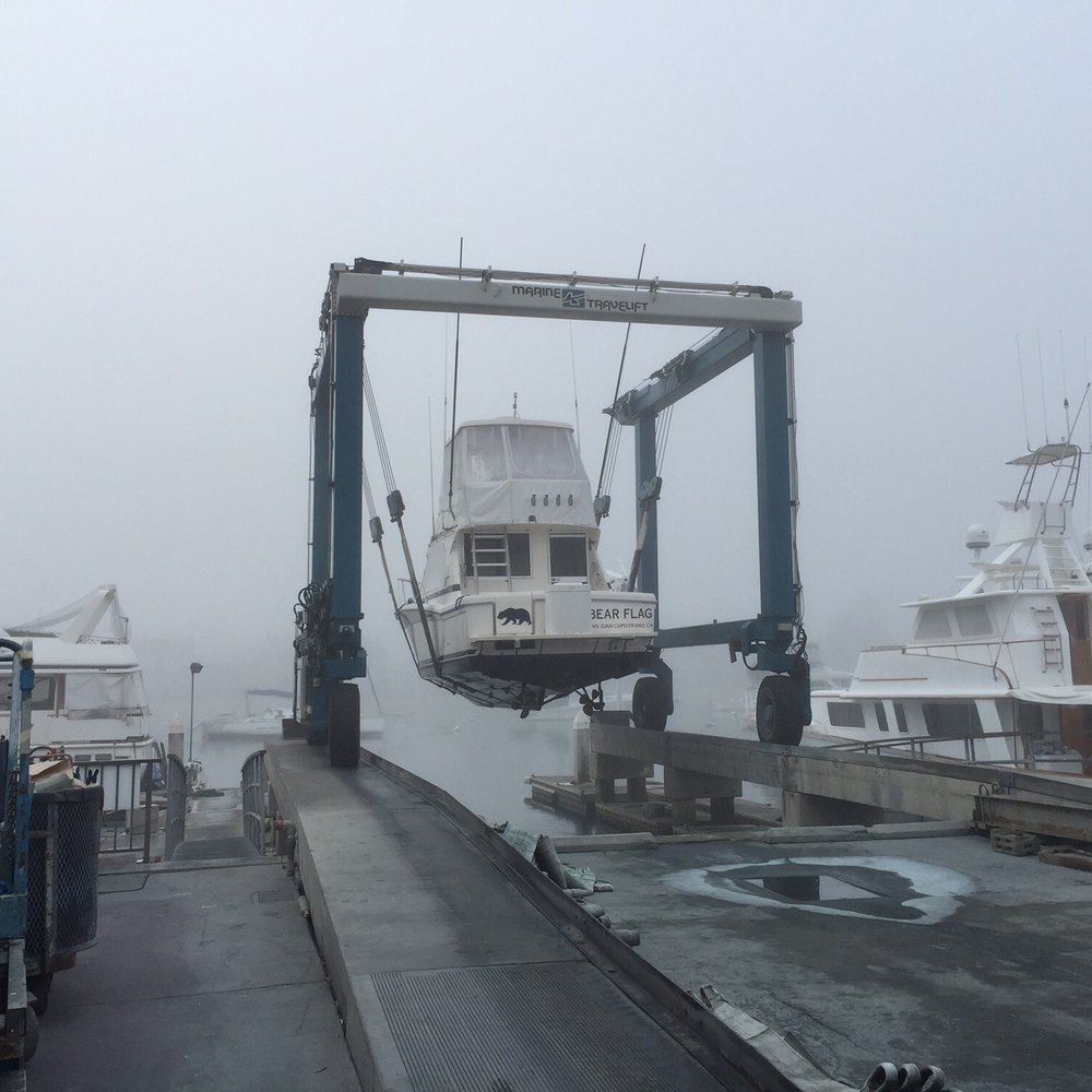 Basin Marine - Bear Flag being hauled out by the great folks at Basin Marine. Super foggy that day! - Boating Near Me - Newport Beach, California Basin Marine - Bear Flag being hauled out by the great folks at Basin Marine. Super foggy that day! - Boating Near Me - Newport Beach, California
