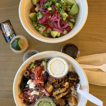 Green Tomato Grill - GREEK MEZZE BOWL on bottom, HAWAIIAN AHI TUNA POKE BOWL on top! - Gluten-Free Near Me - Huntington Beach, California Green Tomato Grill - GREEK MEZZE BOWL on bottom, HAWAIIAN AHI TUNA POKE BOWL on top! - Gluten-Free Near Me - Huntington Beach, California