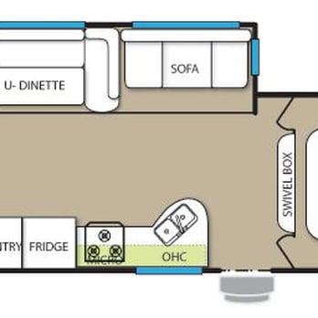 Camping Adventures - T2850 Floor plan, Sleeps 8.  Available for rent and delivery at Lake Casitas and the Ventura RV Beach Resort.  32 feet in length - RV Rental Near Me