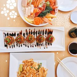 Spicy 9 Sushi Bar & Asian Restaurant - Lunch Spread :) Chirashi bowl, Spicy Tuna Crackers, Chicken Pad Thai