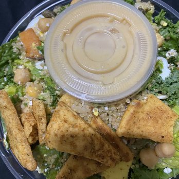 Giardino Gourmet Salads - K&Q kale & quinoa, romaine greens, roasted sweet potatoes, garbanzo beans, goat cheese, sliced almonds, Ginger dressing & toasted pitas - Salad Near Me - Miami, Florida