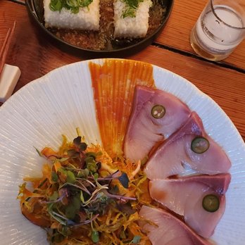 Danji - Ginger scallion tofu (top) and yellowtail sashimi (bottom) - Korean Near Me - New York, New York