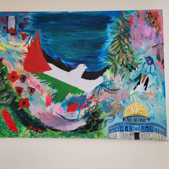 The Qahwa - A vibrant, abstract painting with a white bird, flowers, and a dome structure, using bold colors and expressive brushstrokes. - Coffee & Tea Near Me - Bridgeview, Illinois