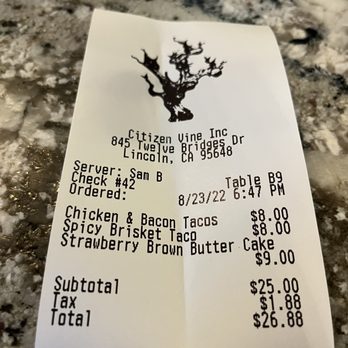 Citizen Vine - The bill also a win $30 for 2 people - Tapas/Small Plates Near Me - Lincoln, California Citizen Vine - The bill also a win $30 for 2 people - Tapas/Small Plates Near Me - Lincoln, California