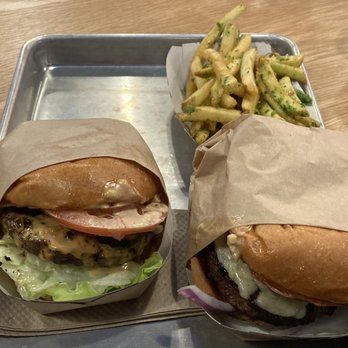 Gott's Roadside - Back: garlic fries Front (left to right): hamburger, western bacon blue ring - Burgers Near Me - San Francisco, California