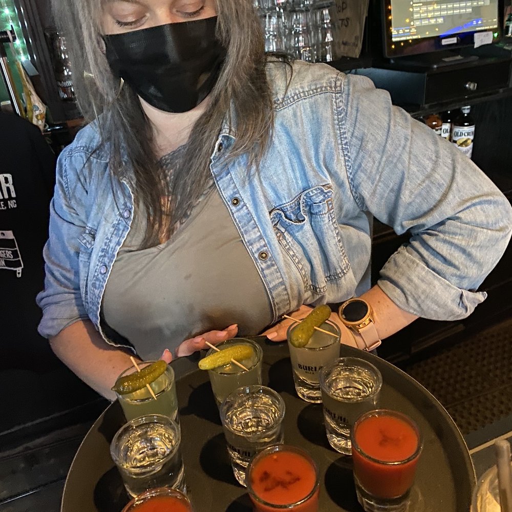 Burger Bar - Gretchen with our burger shots - Dive Bars Near Me - Asheville, North Carolina