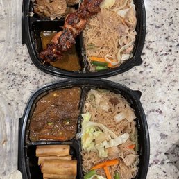Combo meal 1 (bottom) Pancit Bihon, kbbq, Lumpia, Combo meal 2 (top): Pancit Bihon, pork adobo, chicken BBQ Skewers Combo meal 1 (bottom) Pancit Bihon, kbbq, Lumpia, Combo meal 2 (top): Pancit Bihon, pork adobo, chicken BBQ Skewers