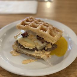 Breakfast sandwich with added sausage. Breakfast sandwich with added sausage.