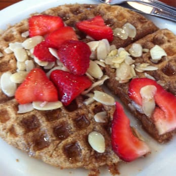 Café Eclectic - Lighter Side of the menu.... Whole Grain Waffle with strawberries and almonds - Breakfast & Brunch Near Me - Memphis, Tennessee