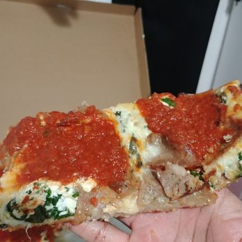 Pizza Sam - Grandma pizza. Spinach and ricotta plus sausage. - Pizza Near Me - Jackson Heights, New York Pizza Sam - Grandma pizza. Spinach and ricotta plus sausage. - Pizza Near Me - Jackson Heights, New York