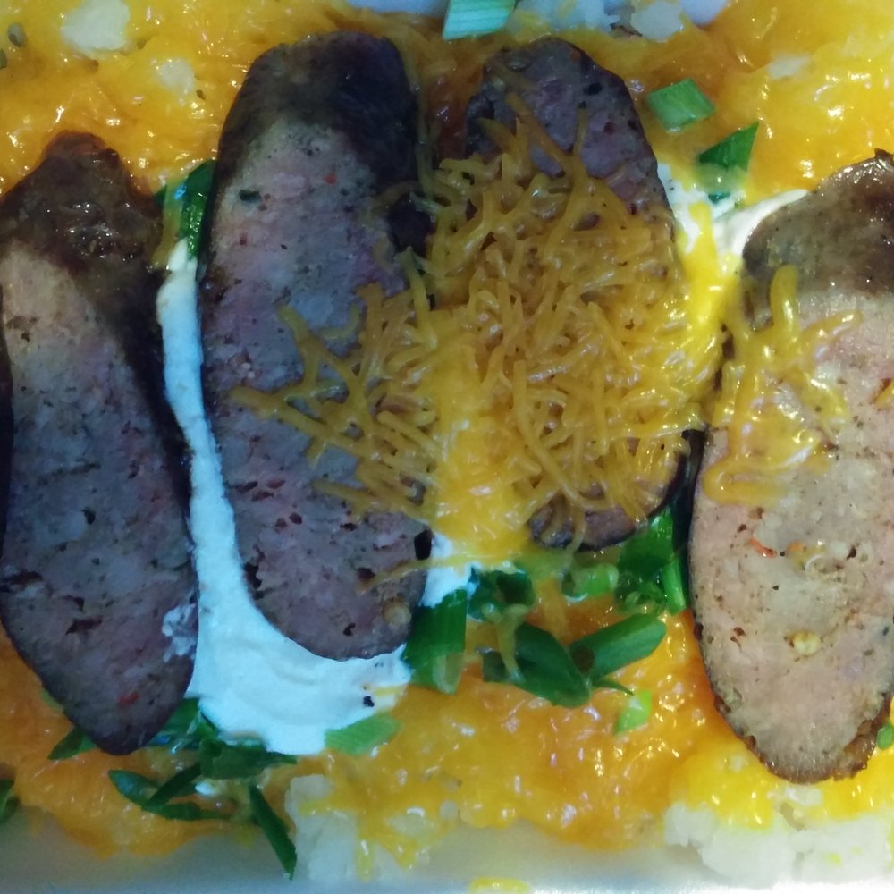 Fainmous BBQ - Homemade sausage Smoked Spud---all the way of course #whynot - Barbeque Near Me - Houston, Texas Fainmous BBQ - Homemade sausage Smoked Spud---all the way of course #whynot - Barbeque Near Me - Houston, Texas