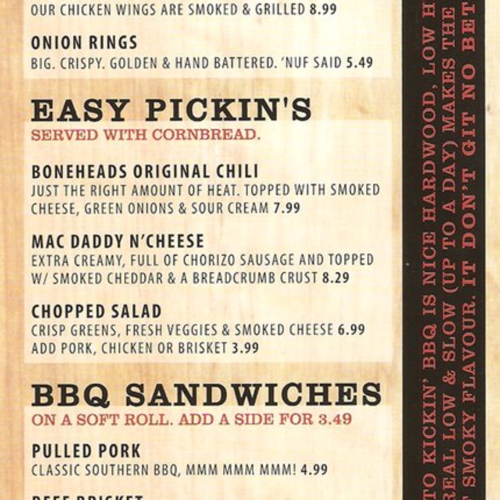 Boneheads BBQ - Menu Side 1 - Southern Near Me - Halifax, Nova Scotia Boneheads BBQ - Menu Side 1 - Southern Near Me - Halifax, Nova Scotia