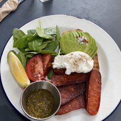Milk - Chorizo, poached egg, sliced avocado, sourdough toast, spinach and tomato salad with lemon, chimichurri sauce