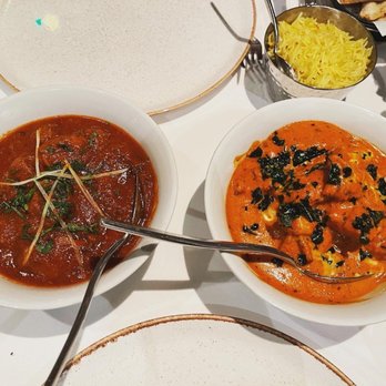 Benares Restaurant & Bar - Kashmiri Lamb Rogan Josh and Old Delhi Butter Chicken with pilau rice - Indian Near Me - London, XGL Benares Restaurant & Bar - Kashmiri Lamb Rogan Josh and Old Delhi Butter Chicken with pilau rice - Indian Near Me - London, XGL