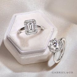 Marc Robinson Jewelers - Bridal ring . 14k gold Gabriel mount . Cushion and round diamond