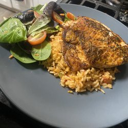 Nourish - Balanced Meals On the Go - Baked salmon dirty rice and spring salad