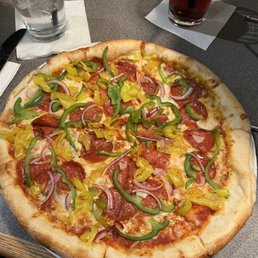 Pepperoni, Banana Peppers, Green Bell Peppers, Red Onions