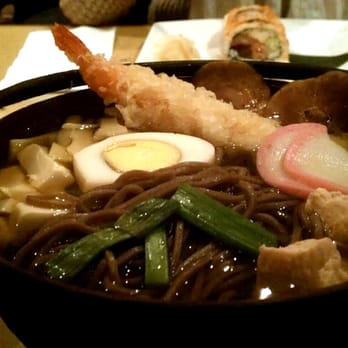 Plum Tree Restaurant - Nabeyaki Udon ($10.95) - Topped with vegetable, chicken, egg, fish cake & shrimp tempura. Udon replaced with Soba Noodles. - Japanese Near Me - Ithaca, New York