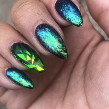 Zen Nails - Acrylic nails, green chrome and foil decals. All Shellac. - Waxing Near Me - Castle Hills, Texas Zen Nails - Acrylic nails, green chrome and foil decals. All Shellac. - Waxing Near Me - Castle Hills, Texas