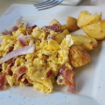 The Spot - Dairy free allergy safe: Scramble of eggs, red onion, bacon, roasted potatoes....yum! - Creperies Near Me - Cambria, California The Spot - Dairy free allergy safe: Scramble of eggs, red onion, bacon, roasted potatoes....yum! - Creperies Near Me - Cambria, California