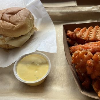 Burger & Bowl - Double burger with American cheese and fried egg, sweet potato fries and honey mustard sauce. - Coffee & Tea Near Me - Bowling Green, Kentucky