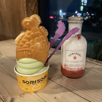 Somisomi - Matcha soft serve with taiyaki and strawberry milk (in glass bottle) - Desserts Near Me - San Diego, California