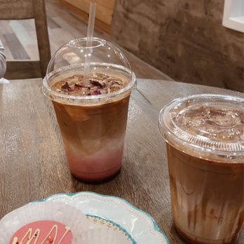 Tada Coffee & Dessert - creme brulee macaron, raspberry macaron, rose latte, caramel macchiato - Desserts Near Me - Suwanee, Georgia