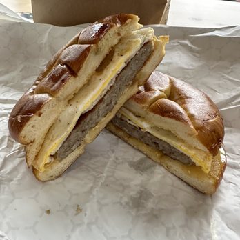Chesapeake Bay Coffee Co - Sausage egg on a pretzel roll! - Coffee & Tea Near Me - North East, Maryland Chesapeake Bay Coffee Co - Sausage egg on a pretzel roll! - Coffee & Tea Near Me - North East, Maryland