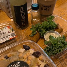 Greek salad, mud pie, pizza rolls, green juice, immune shot, & clean caffeine