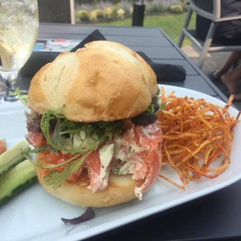 Discover Okanagan Tours - Salmon Sandwich @ Red Fox Club (restaurant at Indigenous World Winery) - Wine Tours Near Me