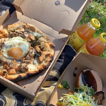 Industrial Eats - Chanterelle Mushroom Pizza + Egg on top & Crispy Pork Bahn Mi. Also picked up a couple Yerbs for the meal :) - Pizza Near Me - Buellton, California