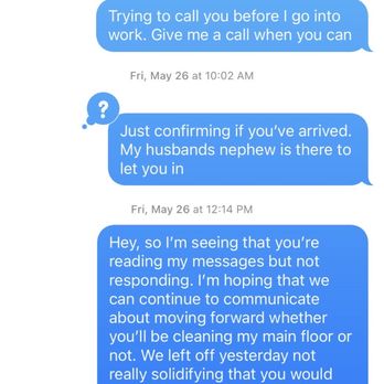 Pristine Clean - Proof of her completely ignoring me for hours until I posted a review and then coincidentally she was available to respond. - Home Cleaning Near Me Pristine Clean - Proof of her completely ignoring me for hours until I posted a review and then coincidentally she was available to respond. - Home Cleaning Near Me