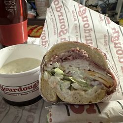 Sourdough & Co. - Roast Beef & Garlic Pesto Turkey Samich with extra House Spread and onions and a bowl of their Clam Chowder