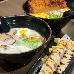 Classic Tonkatsu Ramen ($14), Crunch Roll ($6), and a Curry Ramen ($17). Classic Tonkatsu Ramen ($14), Crunch Roll ($6), and a Curry Ramen ($17).