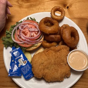 Boondocks Restaurant & Bar - Crispy chicken sandwich with onion rings - American Near Me - Lyons Falls, New York Boondocks Restaurant & Bar - Crispy chicken sandwich with onion rings - American Near Me - Lyons Falls, New York