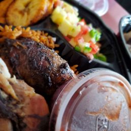 Jerk chicken, salsa, plantains