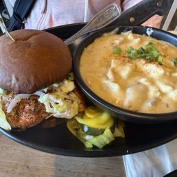 Grilled salmon sandwich with clam chowder side Grilled salmon sandwich with clam chowder side