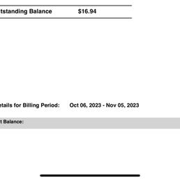 Copy of the recent invoice. - The image shows a billing statement with a total outstanding balance of $16.94 at the top. It includes statement details for the billing period from October 6, 2023, to November 5, 2023. The last statement balance is highlighted as $16.94, and the document appears to be a financial or account statement, possibly related to a service provider.