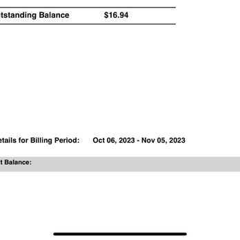 FreedomVoice - Copy of the recent invoice. - The image shows a billing statement with a total outstanding balance of $16.94 at the top. It includes statement details for the billing period from October 6, 2023, to November 5, 2023. The last statement balance is highlighted as $16.94, and the document appears to be a financial or account statement, possibly related to a service provider. - Telecommunications Near Me - Encinitas, California