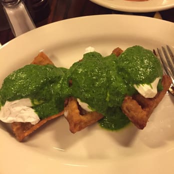 The Smith - Potato waffle Benedict with creamed spinach - New American Near Me - New York, New York The Smith - Potato waffle Benedict with creamed spinach - New American Near Me - New York, New York