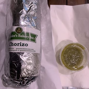 Greenlee's Bakery - Chorizo Breakfast Burrito with green salsa...they need to give at least 2 containers worth for the size of the burrito - Bakeries Near Me - San Jose, California Greenlee's Bakery - Chorizo Breakfast Burrito with green salsa...they need to give at least 2 containers worth for the size of the burrito - Bakeries Near Me - San Jose, California