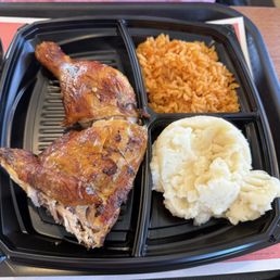 2-piece dark meat meal with mashed potatoes and rice. Potatoes usually come with gravy. 2-piece dark meat meal with mashed potatoes and rice. Potatoes usually come with gravy.